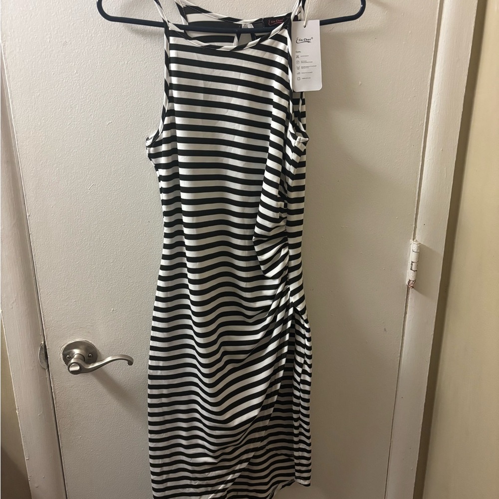 Chic Black and White Striped Midi Dress